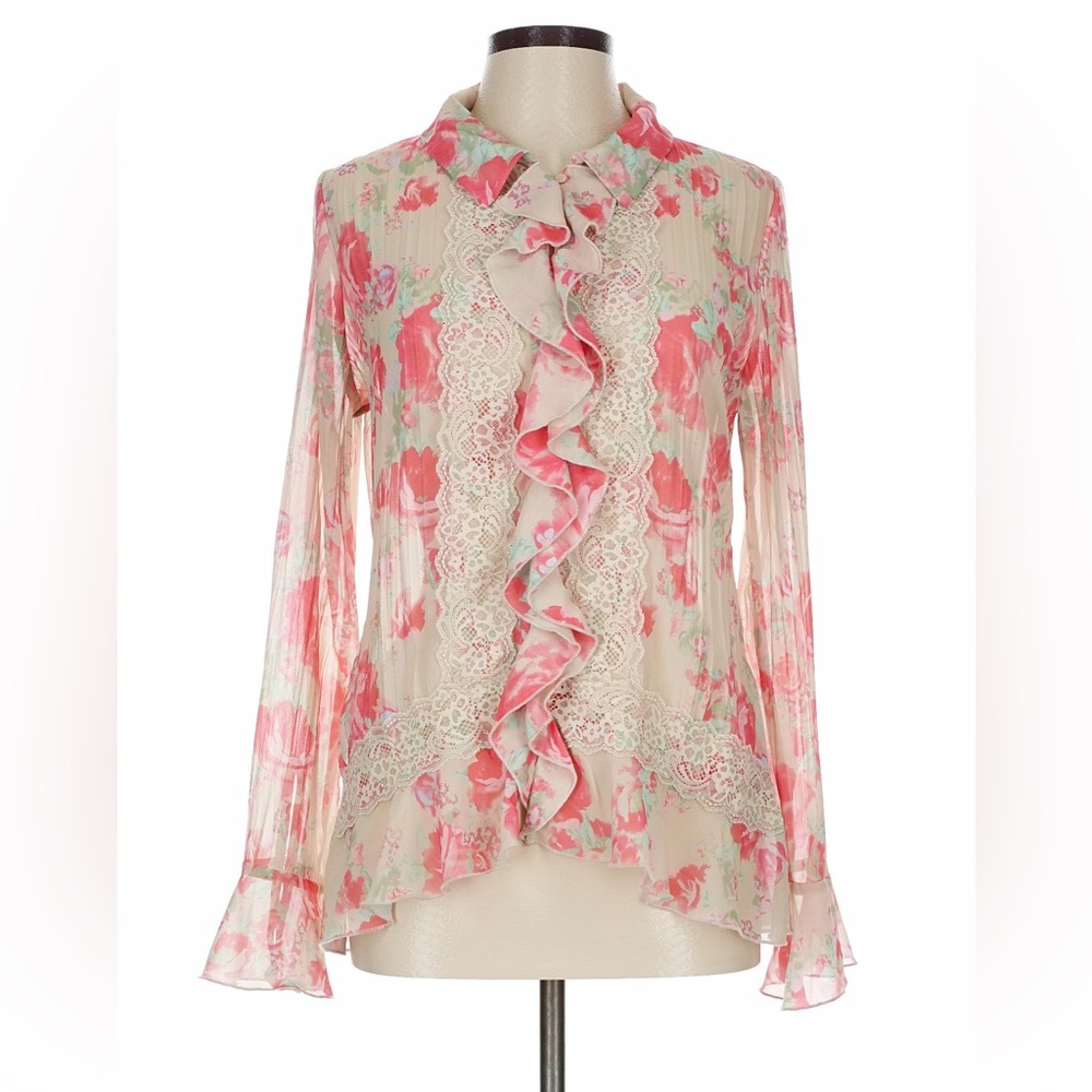 Free People Floral Ruffle Lace Blouse Ivory Pink Pleated Boho Romantic Top - Picture 2 of 9